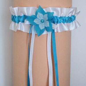 Jarretière mariage blanc et turquoise satin et soie